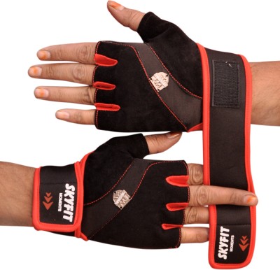 SKYFIT Premium Leather Padded Gym Sports Gloves For Men And Women With wrist support Gym & Fitness Gloves(Black, Red)