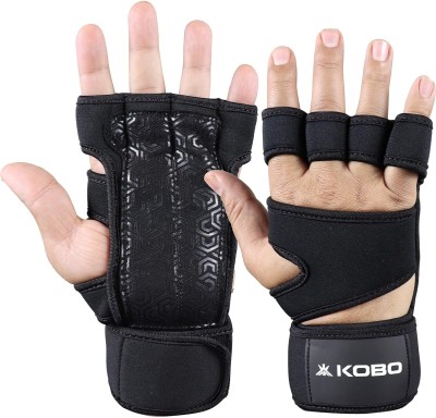 KOBO Exercise Leather Weight Lifting Grippy Hand Protector Padded With Wrist Support Gym & Fitness Gloves(Black)