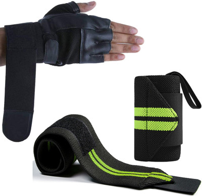 GymWar Leather Fitness Gym Gloves with Long Wrist Support Gym & Fitness Gloves(Green, Black)