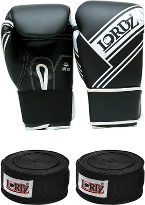 Lordz Boxing Synthetic Leather Gloves with black hand wrap set (Combo Pack) Boxing Gloves(Black)