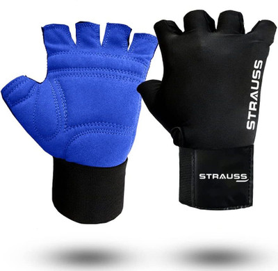 Strauss Suede Gloves | Wrist Wrap Support | Exercise Gym Gloves, Size-Medium Gym & Fitness Gloves(Blue & Black)