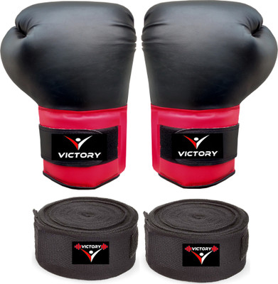 VICTORY Training Boxing Gloves With Boxing Hand Wrap for Punching, Sparring, Training Boxing Gloves(Black)