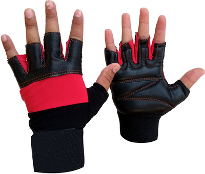 DreamPalace India Heavy Duty Leather Padded Gym Gloves Wrist Protection & Enhanced Grip Gym & Fitness Gloves(Red)