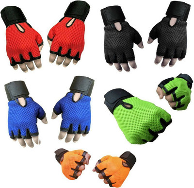 GGGONEX Combo of Heavy Leather Netted Gloves With Wrist Support(Pack of 3 Pair Gloves) N Riding Gloves(Red,Black, Blue,Green,Orange)