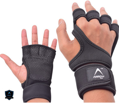 ArrowMax Non-Slip Palm Silicone with wrist support weight lifting Gym & Fitness Gloves(Black)
