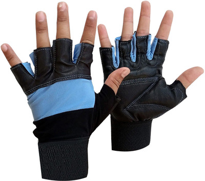 DreamPalace India Heavy Duty Leather Padded Gym Gloves Wrist Protection & Enhanced Grip Gym & Fitness Gloves(Blue)