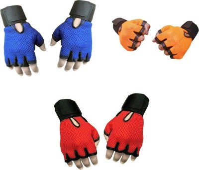 rk son Combo of Heavy Leather Netted Gloves With Wrist SupportFOR RIDER Riding Gloves(Blue,Orange,Red)