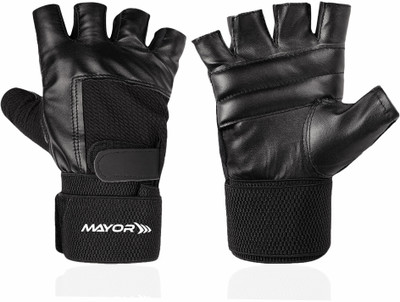 MAYOR Premier Leather Gym Weight Lifting with Wrist Support (Free Size) Gym & Fitness Gloves(Black)