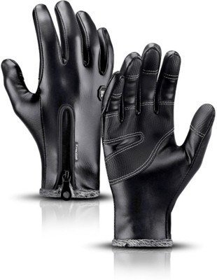 STHIRA PU Winter Gloves for Men, Leather Gloves For Men, Winter Warm Touchscreen Riding Gloves(Black)
