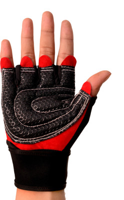 HOUSE OF COMMON 110 Silicone Pads Gym Gloves for Weightlifting, Fitness with Wrist wrap Support Gym & Fitness Gloves(Red, Black)