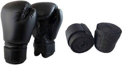 Monika Sports Bouncer Boxing Gloves With Handwrap/ Boxing Tape Boxing Gloves(Black)