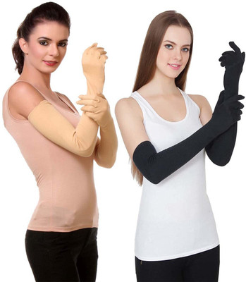 Uniqella Women Cotton Long Driving UV Sun Protection Gloves Combo Pack of 2 Pairs Driving Gloves(Black, Beige)