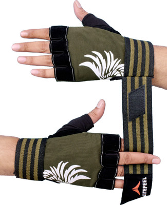 VELLY FIVE Mens&Womens OLIVE ONE SIDE PANKH PRINT GYM AND SPORTS GLOVES Gym & Fitness Gloves(Olive Green)