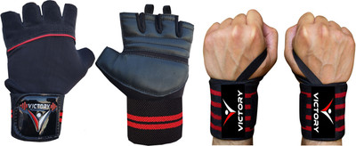 VICTORY Unisex Leather Gym Gloves and Wrist Support , One Size Fits All Gym & Fitness Gloves(Red)