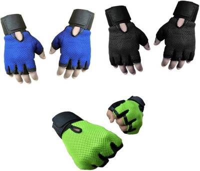 GGONEX Combo of Heavy Leather Netted Gloves With Wrist Support(Pack of 3 Pair Gloves) M Riding Gloves(Blue,black,Green)