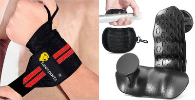 Leosportz combo if (1pair) Wrist Strap with Weight Lifting palm grip Wrist Support(Red, Black)