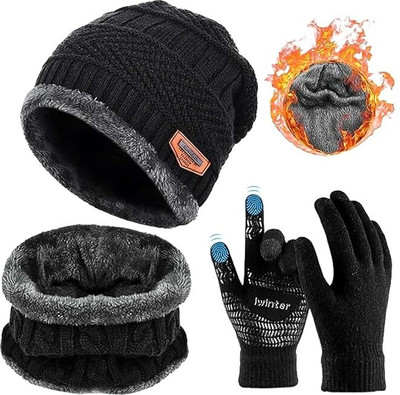 HappenWell 3 PICS WINTER WOOLEN MEN & WOMEN Cap/GLOVES/NECK Riding Gloves(Black)