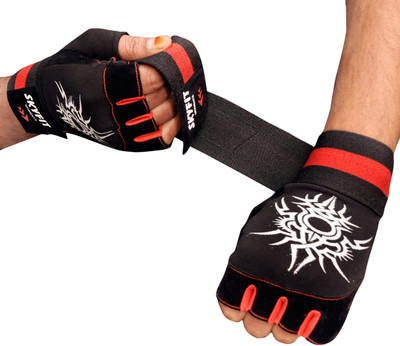 SKYFIT Super Leather Padded Wrist Support Gym Sports Gloves For Men And Women Gym & Fitness Gloves(Black, Red)