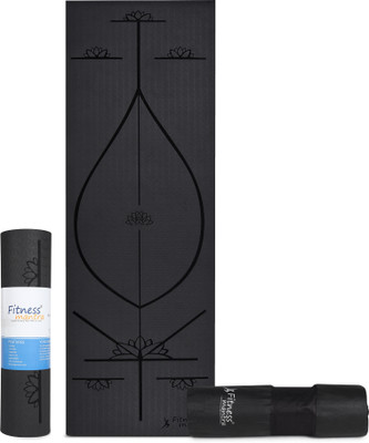 Fitness Mantra Premium TPE Body Alignment Lines Yoga Mat with Cover Bag| Black| Black 6 mm Yoga Mat