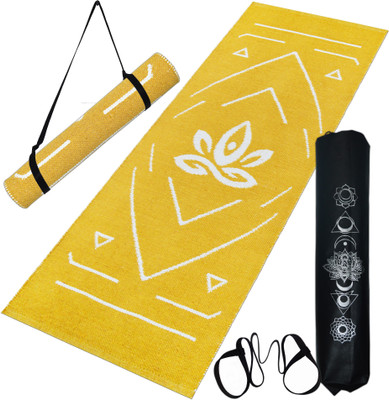 house of handmade Handwoven Cotton Yoga Mat with Guide lines Yellow 8 mm Yoga Mat