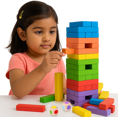 WUDLY Wooden Colorful Stacking Tower Game with Dice Learning Toy for Kids & Family Fun(Multicolor)