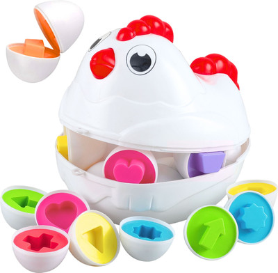Angel Kids Matching Shapes Eggs | Pull-Along Hen Toy with Wheels | Activity Blocks 12 Pcs(Multicolor)
