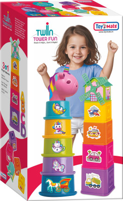 Toymate Twin Tower Fun Stacking Toy with Unicorn & ABC Blocks 12-36M Kids Toy(Multicolor)