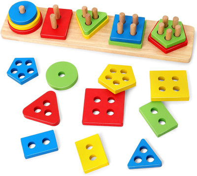 Stravos Wooden Shape Color Recognition Blocks Matching Sorting Stacking Montessori Toy(Multicolor)