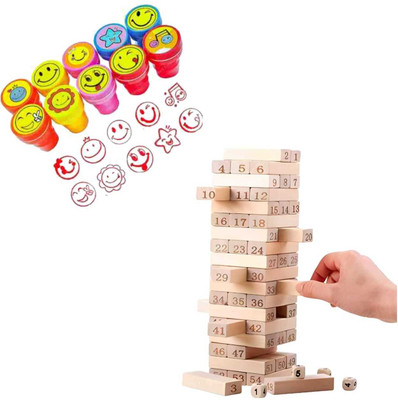 Premio Coppex Classic Stacking Tower Game – 54 Wooden Blocks + Free Emoji Stamp(Brown)