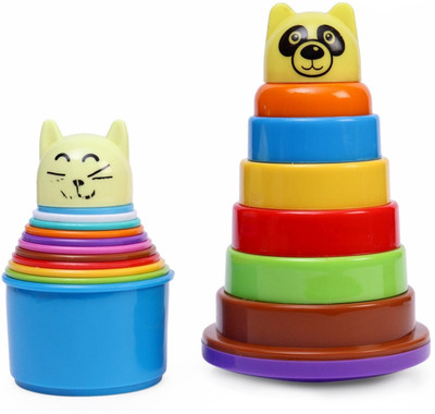 YUIOP - Learn To Stack - 2 in 1 - Stacking Toys - 6 Rings, 11 Cups, 2 Animal Face(Multicolor)