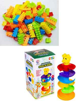 NIBS Combo of Animal Shaped Rolling Ramp with 2 Balls & 36pc Building Blocks for Kids(Multicolor)