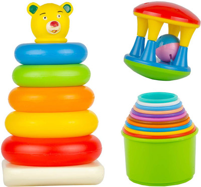 zokato Baby Gift set 3 in 1 set. Stacking Rings Damru Rattle and Stacking Cups for kids(Multicolor)
