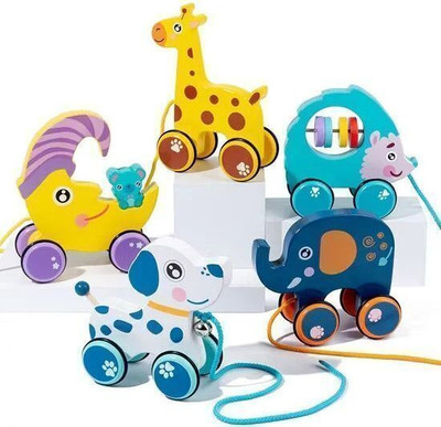 Raindrops Wooden Cartoon Animals Kids Walking Companion|Colourful Pull Along Vehicles(Multicolor)