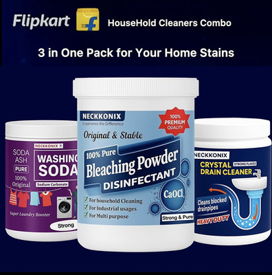 Neckkonix Bleaching Powder 900g,Washing soda 900g, Drain Cleaner Flakes 900g Combo pack Stain Remover