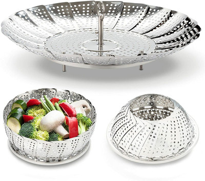 Rhydin Multipurpose Fruit Bowl Steamer for Boiling cooking Fish, Chicken, Dumpling Collapsible Colander(Silver Pack of 1)