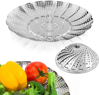 Bluejack Vegetable Steamer Basket Punching Food Drain Bowl Foldable Steamer for Cooking NA Pan 23 cm diameter 1 L capacity(Stainless Steel)
