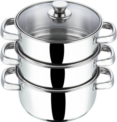 VINOD 3 Tier 18 cm /Momo/Modak Maker with Glass Lid,Induction Base Stainless Steel Steamer(2.3 L)