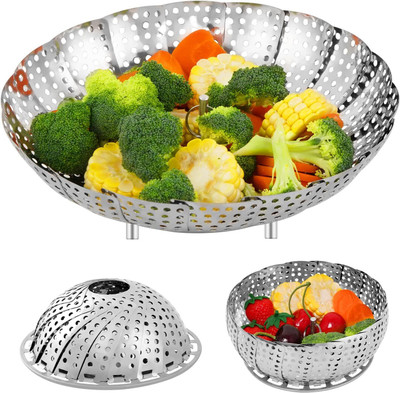 VAVSU Vegetable Steamer Basket for Veggie Fish Food,Adjustable Size to Fit Various Pot Stainless Steel Steamer(1 L)