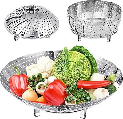 BHAVRUTT Vegetable Fruit Steamer basket Folding Expandable FOR COOKING SALAD FRUIT Stainless Steel Steamer(1.5 L)