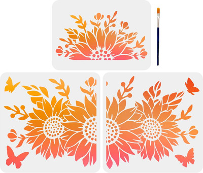 Devasya Crafts 3pcs Sunflower Butterfly Stencils Large Sunflower Stencils Flower Butterfly Stencil Splicing Style with Paint Brush Reusable PET Material for DIY Art Craft Wall Canvas Furniture Stencil(Pack of 1, Art Stencils)