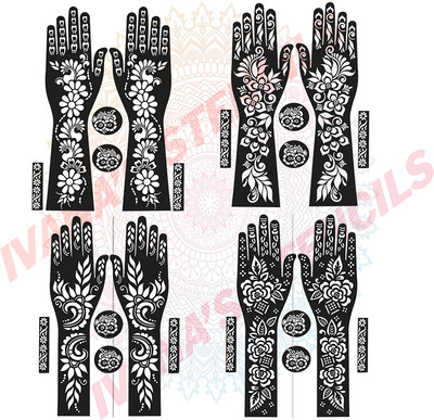 IVANA'S Full Hand Mehndi Stencil Design Full Hand Set | Henna Tattoo stencil for Women FL-25-07-09-11-13 Girls and kids | Easy to use in just 4 steps | Mehandi Sticker Stencil(Pack of 8, Hand And Body)