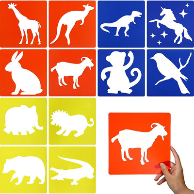 IVANA'S 8 Inches Dinosaur Rabbit Giraffe Kangaroo Monkey Washable Reusable Animal Stenci ls for Kids Learning Painting Stencil(Pack of 12, Art & Craft Paitning Stencil)