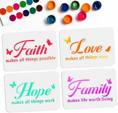 Devasya Crafts 4pcs Word Stencils 11.7 x 8.3 inch Faith Love Hope Family Word Painting Stencils for Painting Reusable Sign Stencils for Painting on Wood, Porch, Scrapbooking, Wall Stencil(Pack of 1, Art Stencils)
