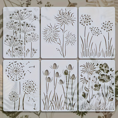 CLITHS 6pcs Reusable Plant Stencils A4 Dandelion, Flower, Leaf Butterfly Fabric, Furniture DIY Craft Projects 29.7x21 cm Wall Art Stencil(Pack of 6, Templates for Painting)