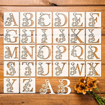 CLITHS Set 26 Pcs Floral Letter Stencil Elegant Alphabet Stencils Wall Art, Fabric, Scrapbooking &Home 4x4 INCH Intricate Flower Patterns Stencil(Pack of 26, DIY Wood Signs)