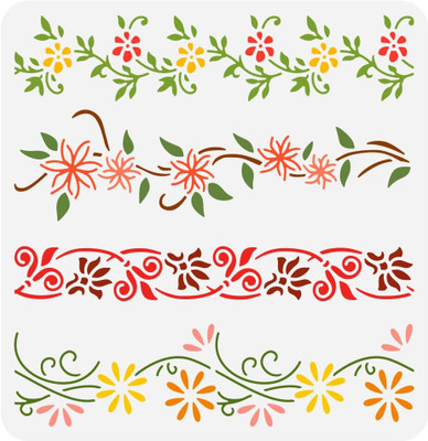 IVANA'S Flower Border Painting Stencil 11.8x11.8inch Reusable 4 Styles Vine Floral Borde FIN-0255 Modern Art & Craft Stencil(Pack of 1, Floral, Abstract, Unique, Border Stencil)