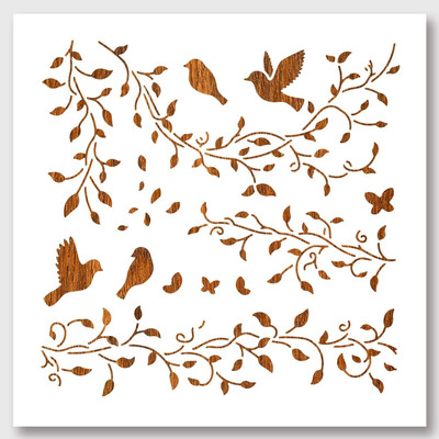 Vegansoul Vines Birds Stencil, Spring Stencils Reusable Plant Plastic Stencils DIY Art and Craft Stencils 11.8×11.8 Inch for Painting on Wood Canvas Paper Furniture Wall wall stencils Stencil(Pack of 1, wall stencils)