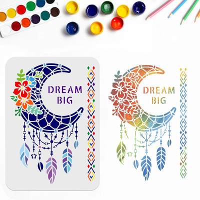Devasya Crafts Moon Dream Catcher Stencil 8.3 x 11.7 inch Flower Woven Net with Feather Dream Big Moon Stencils for Painting on Canvas Fabric Wall Furniture DIY Home Decor Stencil(Pack of 1, Art Stencils)