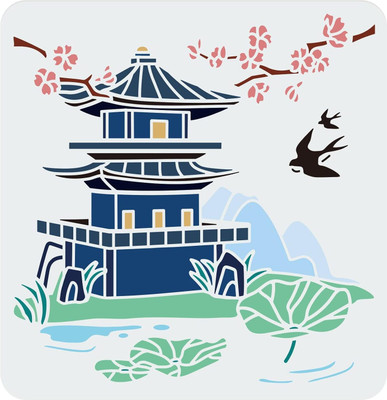 IVANA'S Oriental Pagoda Stencil 11.8x11.8inch Ancient Tower Stencil Cutout Drawing Templ FIN-0098 Modern Art & Craft Stencil(Pack of 1, Floral, Abstract, Unique)