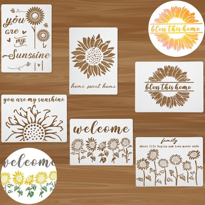 Vegansoul 6 Pieces Sunflower Stencil Kits, DIY Decoration Sunflower Stencils A4 Size Painting on Wall Furniture Crafts Family Theme Drawing Template Flower Stencils wall stencils Stencil(Pack of 6, wall stencils)